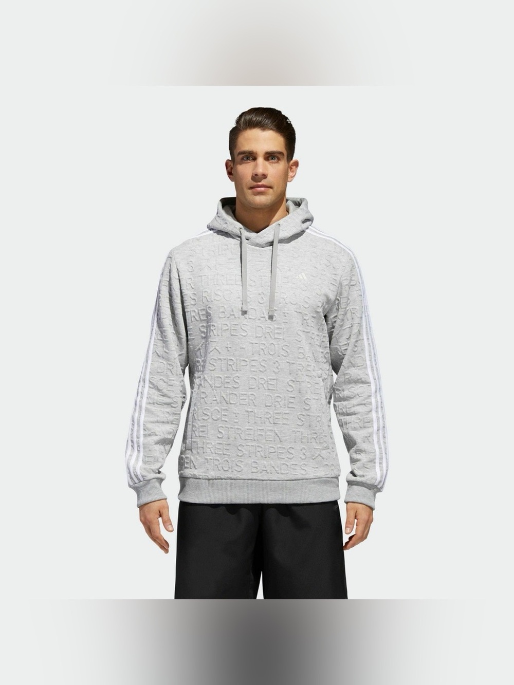 Adidas Hoodie Mens Gray Typography Jacquard Print Sweatshirt Pullover Sz Large